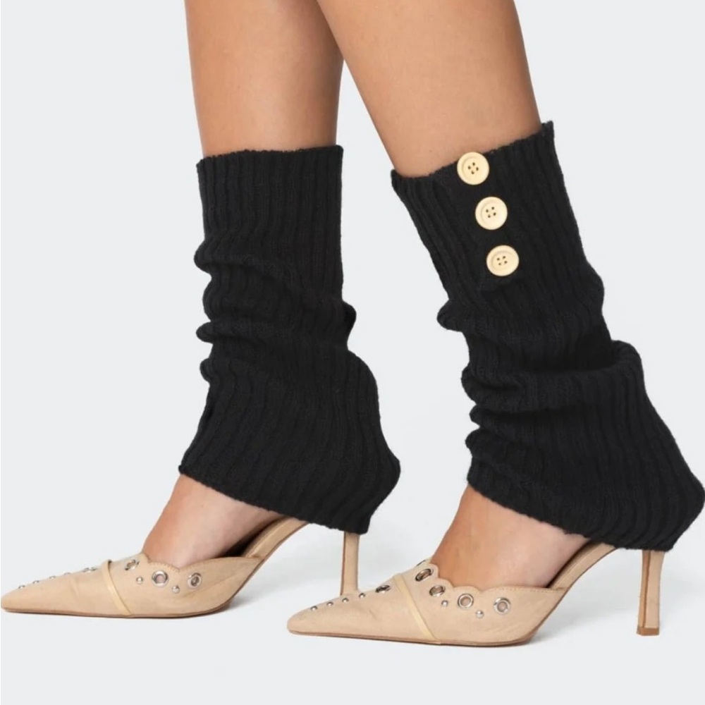 Edikted Black Cable Knit Button Accent Leg Warmers